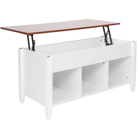 QIYAO Table basse relevable, meuble moderne, compartiment caché et plateau relevable, marron et blanc