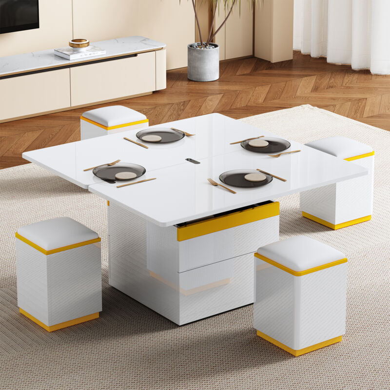 Table basse relevable moderne 100x50x43 cm - Avec 4 tabourets de rangement - 1 tiroir - Finition brillante - Blanc + jaune