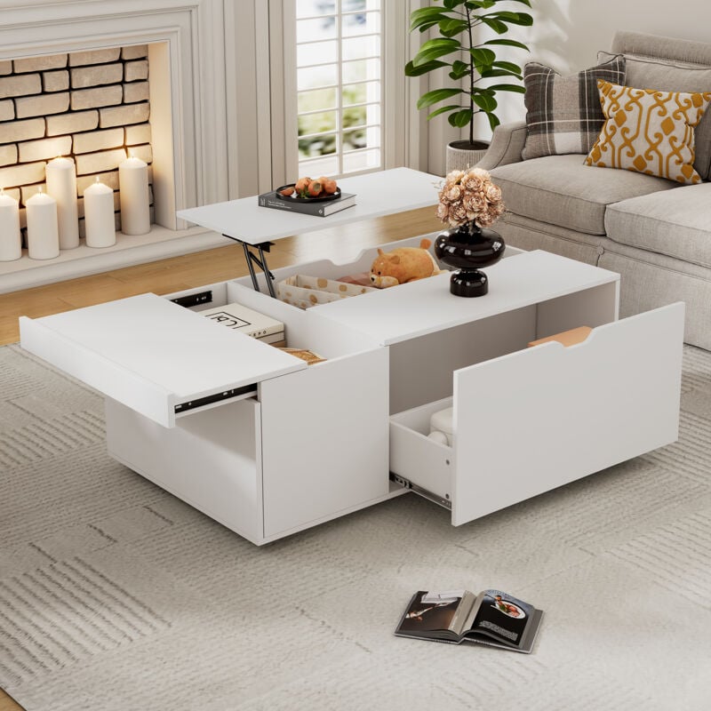 Table basse relevable multifonctionnelle blanche moderne avec tiroirs et portes coulissantes, 120x 65x 45,5 cm