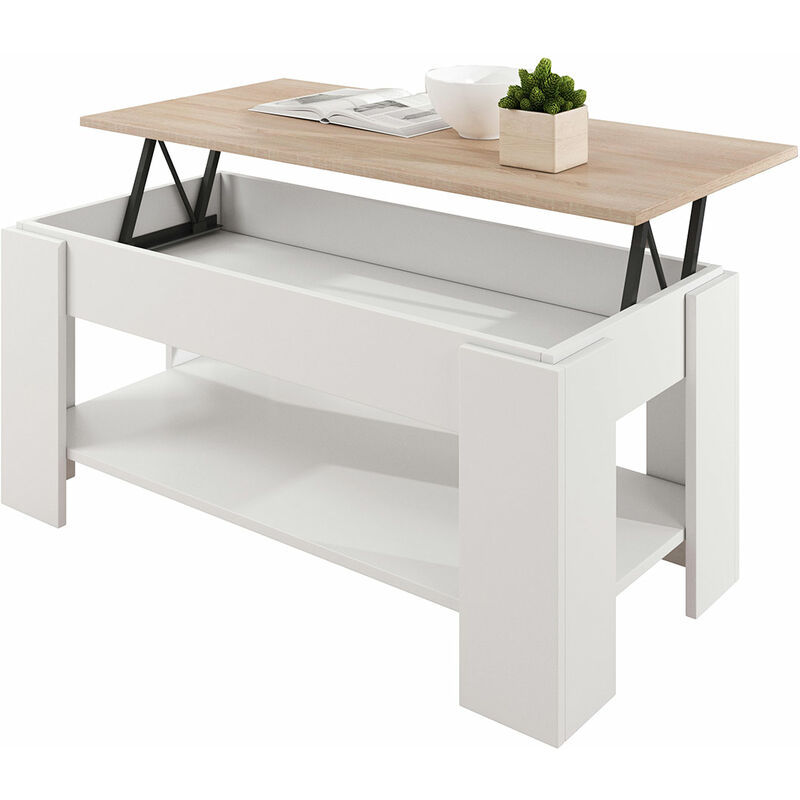 Design Ameublement - Table basse relevable | 100 x 50 x 43,5 (52,3) cm | Blanc et Sonoma Finition brillante | Modèle NICOLETA