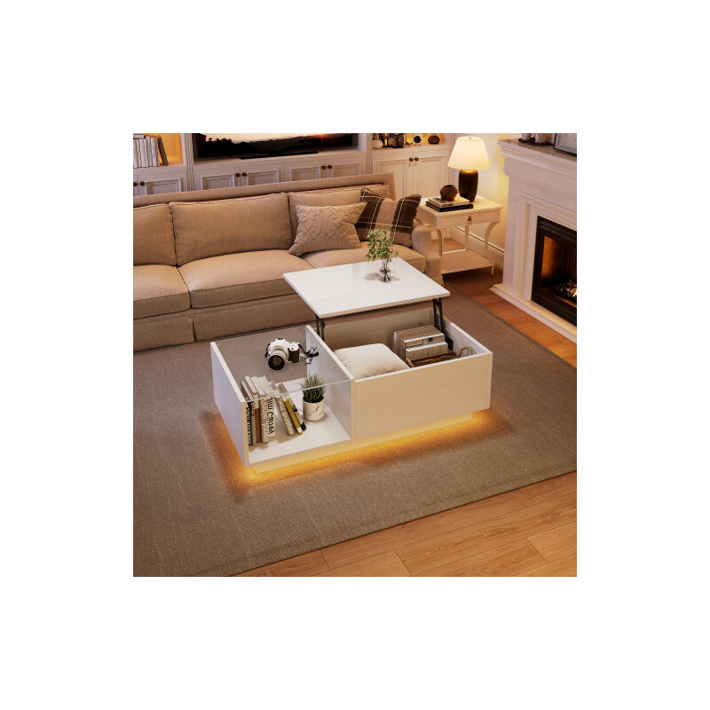 Okwish - Table basse relevable blanche brillante, table de salon avec rangement et étagères, 50x100x(33-46,5) cm