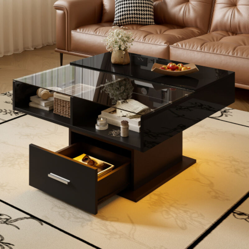 Okwish – Table basse relevable noire brillante avec éclairage LED – Dimensions 78x78x45 cm – Matériaux robustes et faciles d'entretien