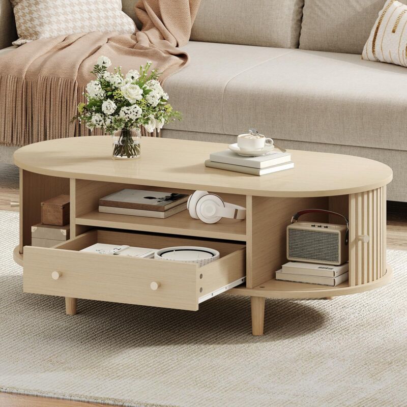Table basse relevable ovale 100 x 50 x 36 cm, avec 1 tiroir et rangement ouvert, 2 portes coulissantes, pieds en bois massif, table de salon