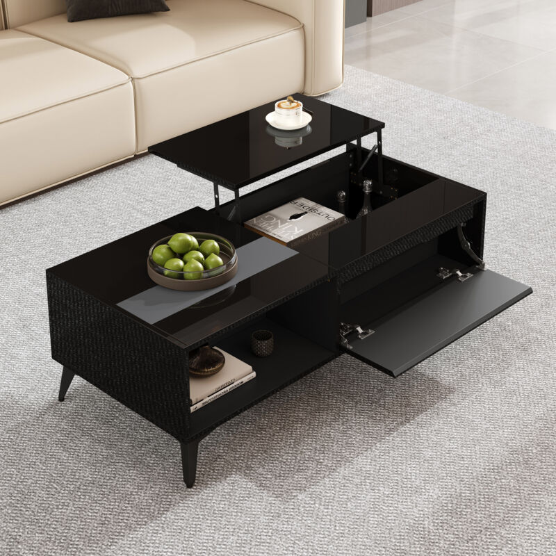 Table basse relevable, plateau noir laqué, rangement caché et étagères, panneaux de particules, 110×50×48 cm