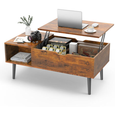 Table basse relevable pour salon – 39,37 × 19,7 pouces, table multifonction avec plateau élévateur, rangement et étagère réglable, style bois