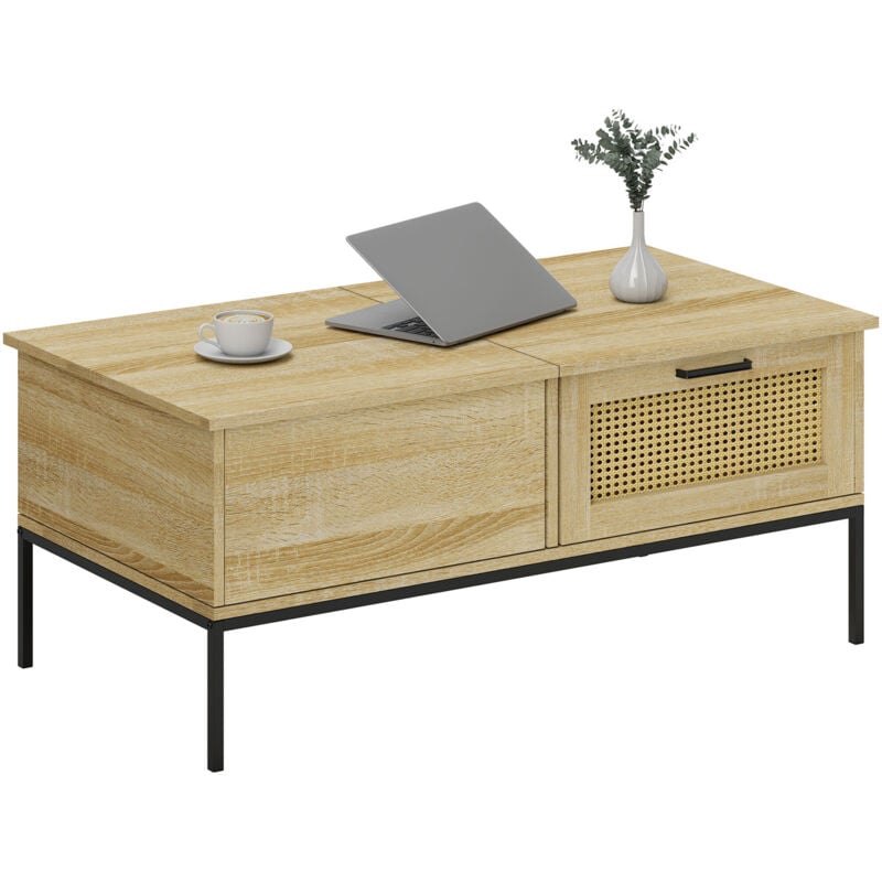 Table basse relevable style bohème chic - 2 tiroirs, compartiment - aspect cannage rotin PVC panneaux aspect bois clair
