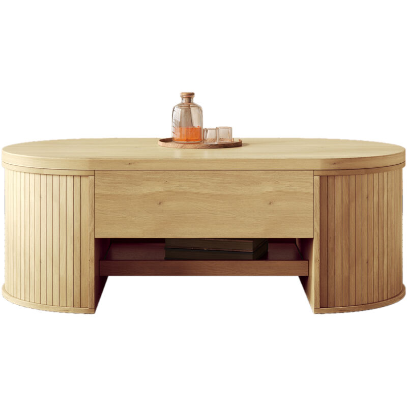 Table basse relevable, table basse avec côtés en bois courbé, étagère extensible, plateau relevable, meuble de salon multifonctionnel.