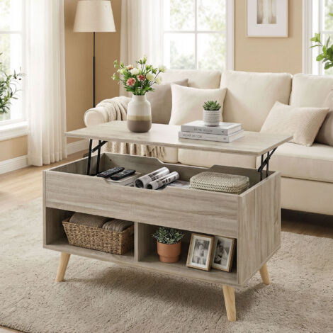 Table basse relevable. table de salon avec compartiment caché et étagères ouvertes. 75 x 40 x 58 cm. bois naturel