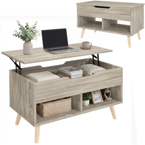 Table basse relevable, table de salon avec compartiment caché et étagères ouvertes, 75 x 40 x 58 cm, bois naturel