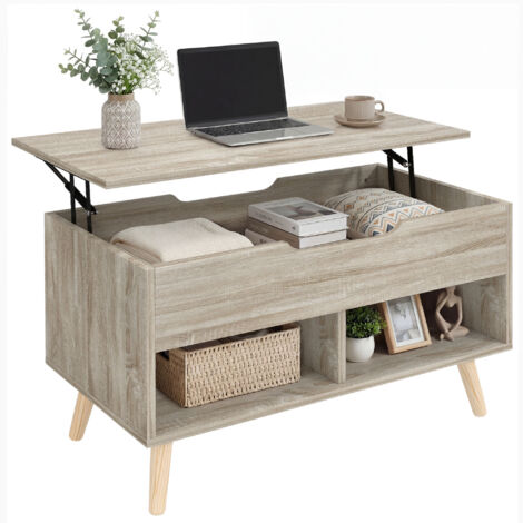Table basse relevable, table de salon avec compartiment caché et étagères ouvertes, 75 x 40 x 58 cm, naturel