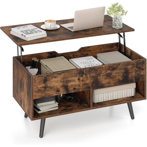 Table Basse Relevable, Table de Salon avec Rangement Caché, Compartiments Ouverts, Levage Pneumatique, pour Salon, Bureau, Chambre(Marron)