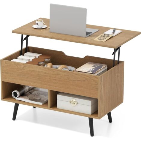 Table Basse Relevable, Table de Salon avec Rangement Caché, Compartiments Ouverts, Levage Pneumatique, pour Salon, Bureau, Chambre(Naturel)