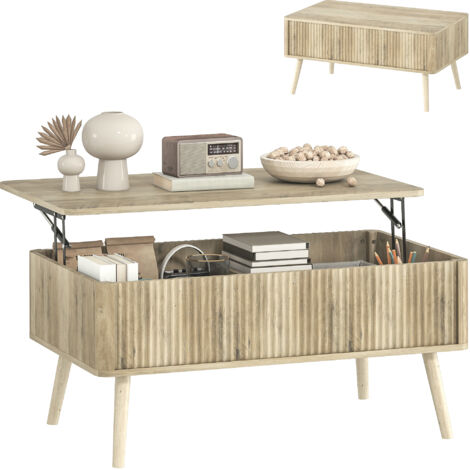 Table basse relevable table salon 2 compartiments cachés pieds pin 91 x 56 x 43 cm chêne