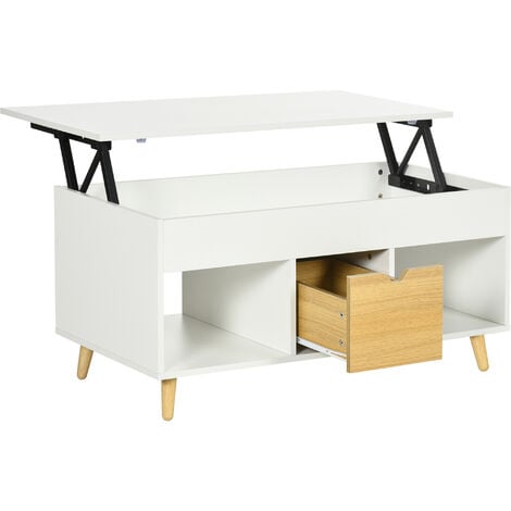HOMCOM Table basse relevable - tiroir, 2 niches, coffre - dim. 100L x 50l x 49H cm - bois clair blanc