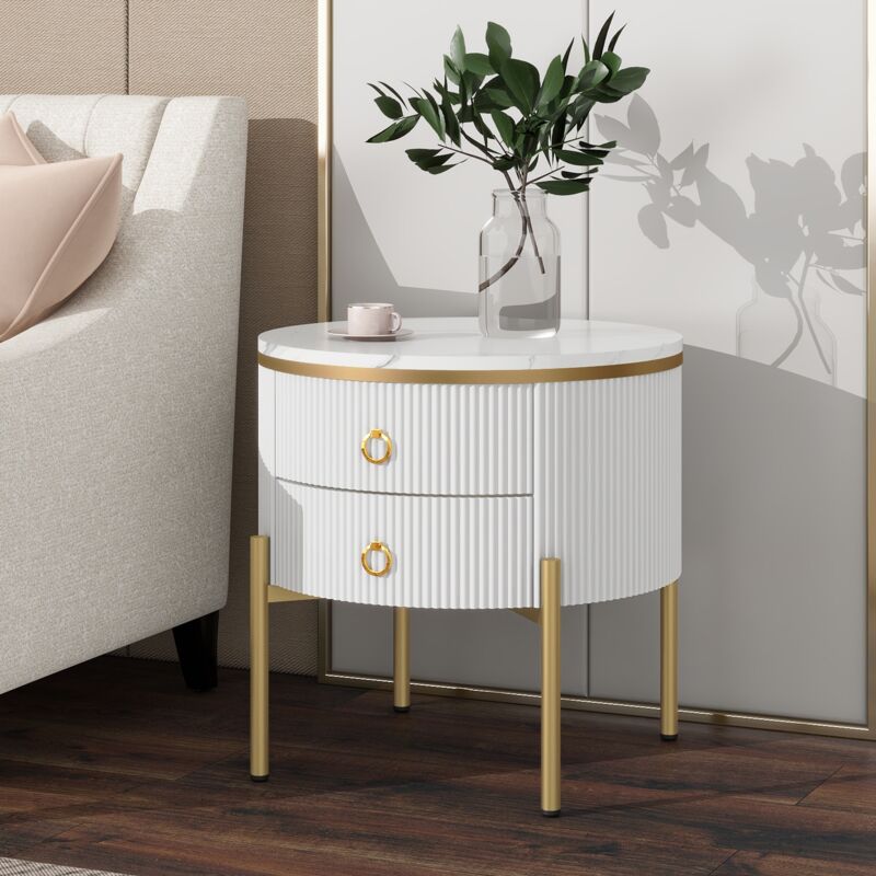Dans Les Nuages - Table basse rond 50 cm, avec 2 tiroirs, pieds en métal doré, table d'appoint à effet marbre, brillance, table de salon en bois