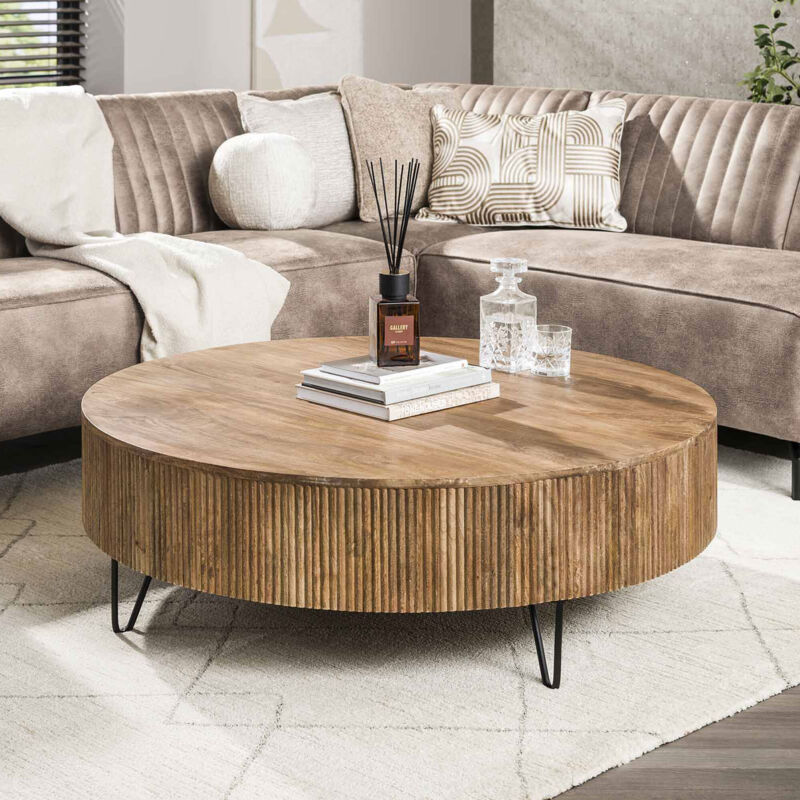 M&S – Table basse ronde 120 cm en bois de manguier massif et métal – Plateau généreux pour moments conviviaux – Livrée montée M&S – Table basse ronde 120 cm en bois de manguier massif et métal – Plateau généreux pour moments conviviaux – Livrée montée
