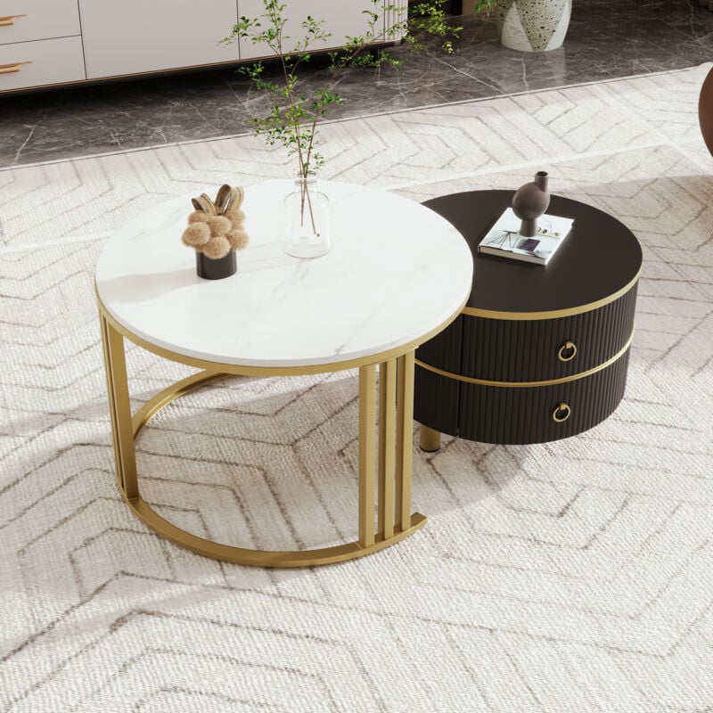Wishdor - Table basse ronde 2 en 1 avec plateau brillant et 1 plateau en marbre, en mdf, blanc, or et noir