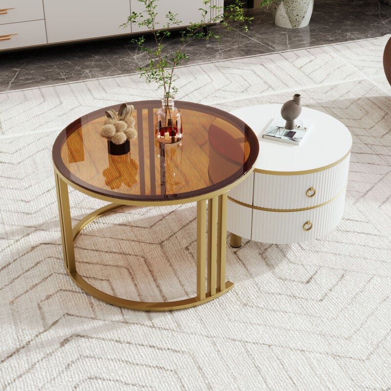 Redom - Table basse ronde 2 en 1 en mdf, table d'appoint avec plateau blanc et plateau en verre marron, 2 tiroirs, 70x70x45 + 50x50x40 cm
