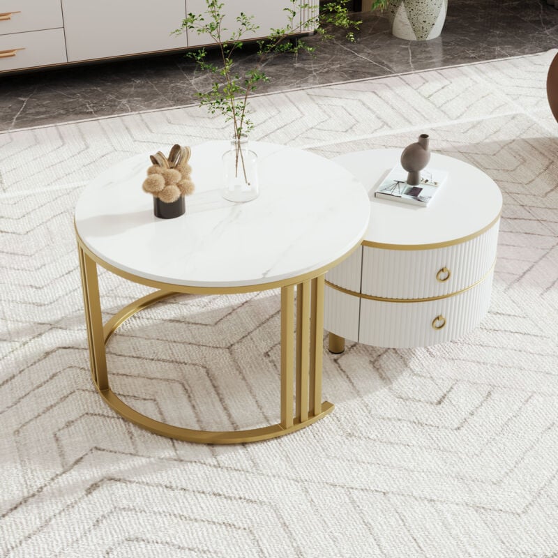 Okwish - Table basse ronde brillante 2 en 1, table de salon avec plateau en marbre, 2 tiroirs et pieds dorés, blanc, 70x70x46 + 50x50x40 cm