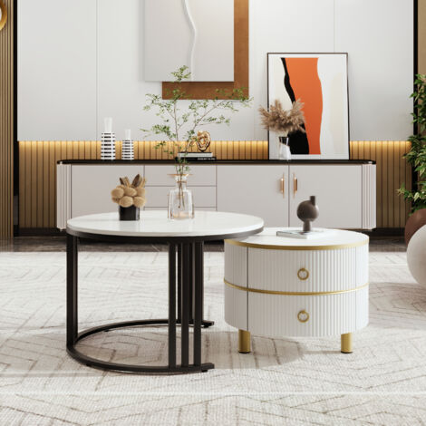 Table basse ronde 2 en 1 en MDF, table d'appoint avec plateau brillant et 1 plateau en marbre blanc, table basse de salon combinée avec 2 tiroirs, 70 x 70 x 46 + 50 x 50 x 40 cm