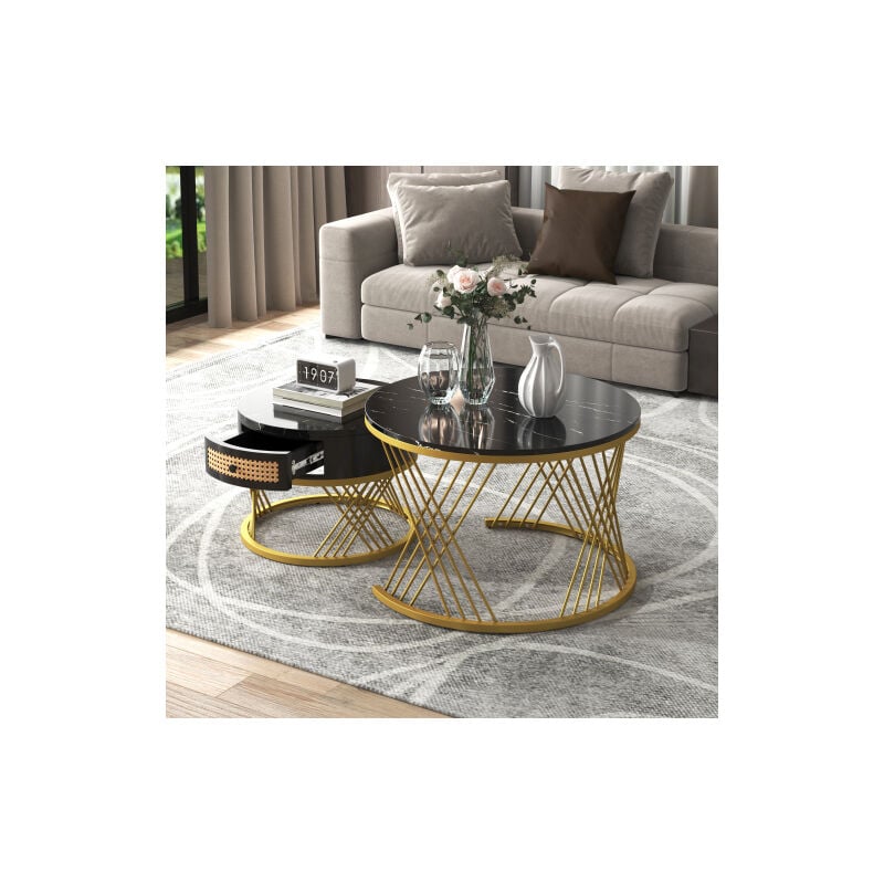 Lunsy - Table basse ronde 2 en 1 en mdf, table d'appoint avec plateau en marbre et tiroirs en rotin synthétique, poignées en bois massif. pieds en