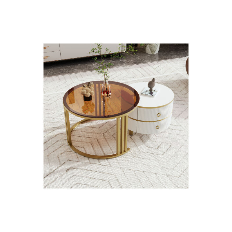 Table basse ronde 2 en 1 en MDF, table d'appoint en verre trempé avec 1 dessus de table blanc et 1 dessus de table marron, combinaison de table basse