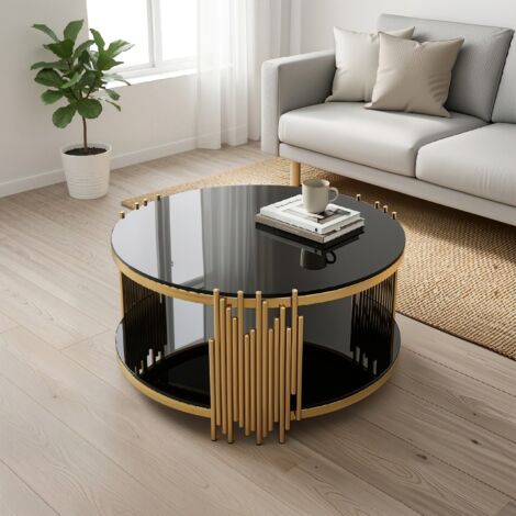 Table basse ronde 2 niveaux avec rangement pour salon, structure stable en acier inoxydable noir et or