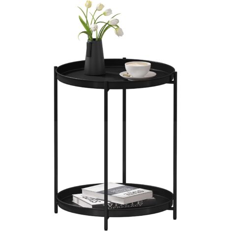Table Basse Ronde - 2 Plateaux - Métal Noir - Design Moderne - Salon et Chambre - Diamètre 44 cm