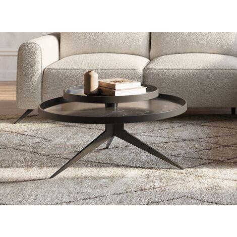 Table basse ronde 2 plateaux pivotants en céramique et métal noir