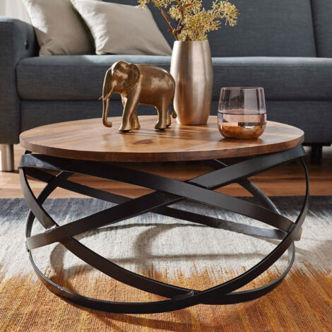Table basse ronde 60x60 cm en sheesham massif et métal – Plateau épais – Finition naturelle – Design élégant pour salons modernes