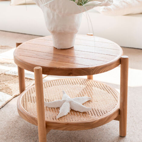 Table basse ronde 68x46 cm en rotin et teck naturel
