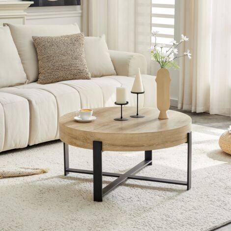 Table basse ronde 68x68x36cm style industriel plateau MDF grain bois piètement métal noir pour salon
