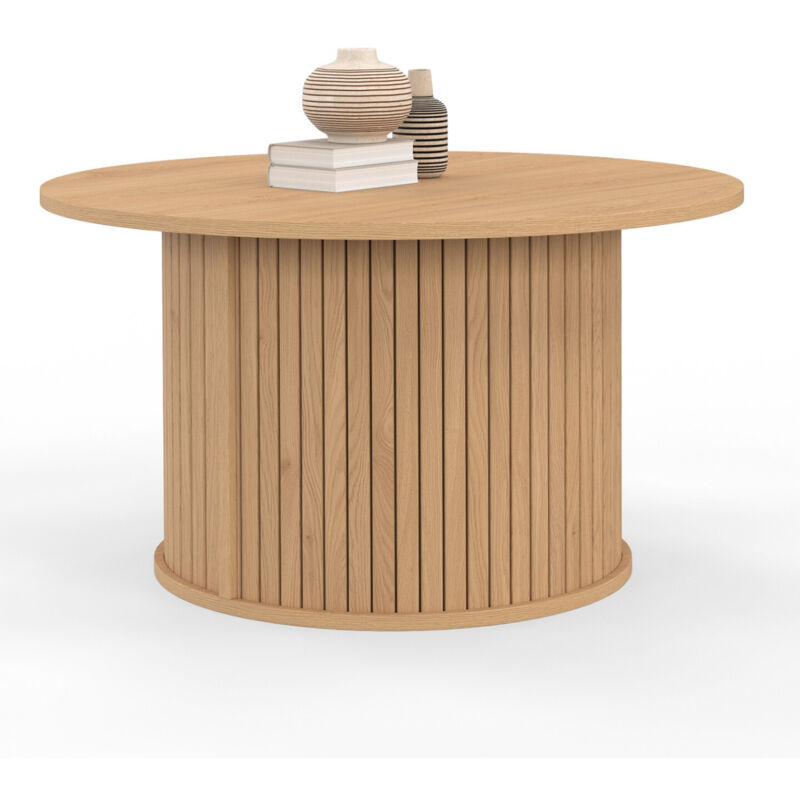 Table basse ronde moderne 70 cm lattes coloris chêne