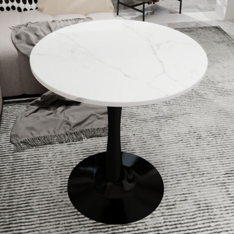 Table basse ronde Ø70 cm — polyvalente (basse/repas 2–4 pers), table de salle à manger, plateau effet marbre blanc, base en métal, pour salon cuisine