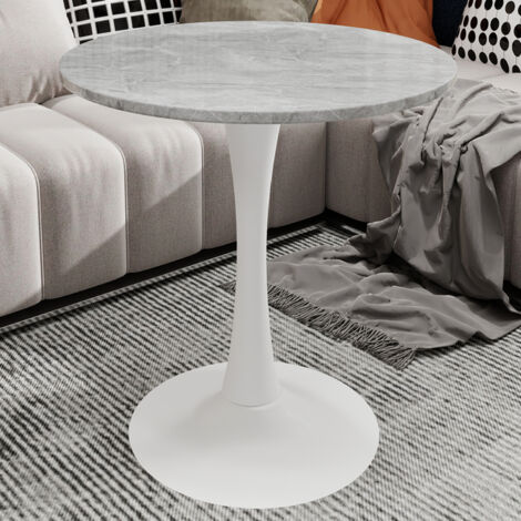 Table basse ronde Ø70 cm — polyvalente (basse/repas 2–4 pers), table de salle à manger, plateau effet marbre gris clair, base en métal blanc, pour salon cuisine