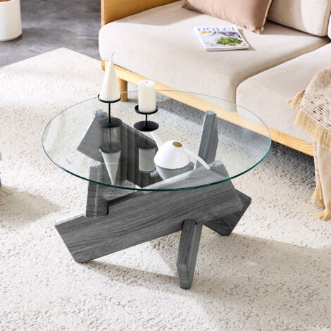 Table basse ronde Ø79 cm x H45 cm – plateau verre 0,8 cm & design moderne - gris croisé