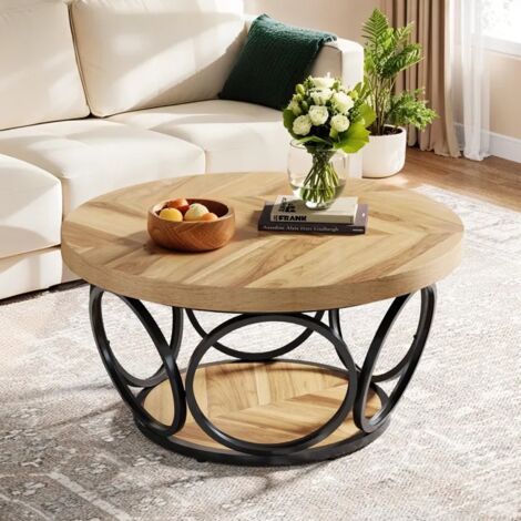 Table Basse Ronde, 80 x 80 x 43 cm Table de Salon, Table de canapé, Table Basse à 2 étages, Grain de Bois