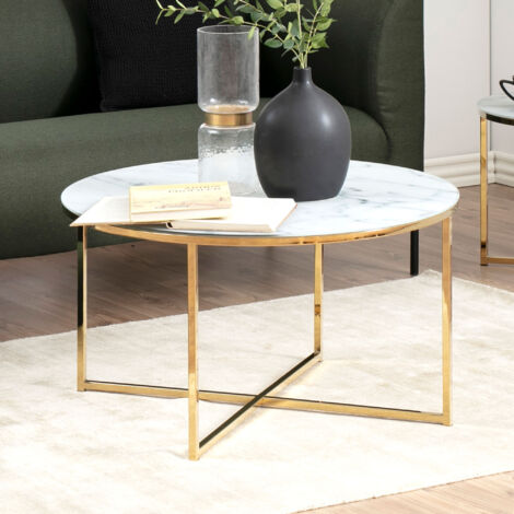 Table basse ronde 80x45 cm aspect marbre blanc et métal doré - MONZA