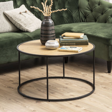 Table basse ronde 80x45 cm décor chêne et noir - FYNCA