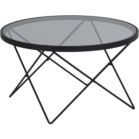 Table basse ronde 80x80x45 cm en verre trempé fumé et acier noir