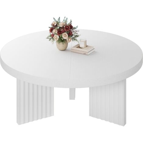 Table Basse Ronde 85 cm, Plateau Épais Effet Bois, Pieds Cannelés, Idéale Pour Salon Et Petits Espaces, Montage Facile Blanc