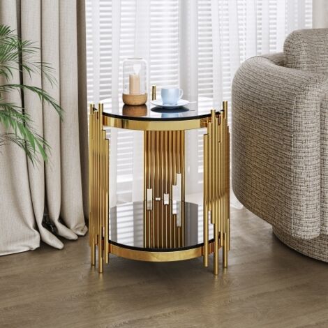 Table basse ronde avec 2 niveaux rangement, en verre trempé, design contemporain, noir et or, 45x45x55 cm