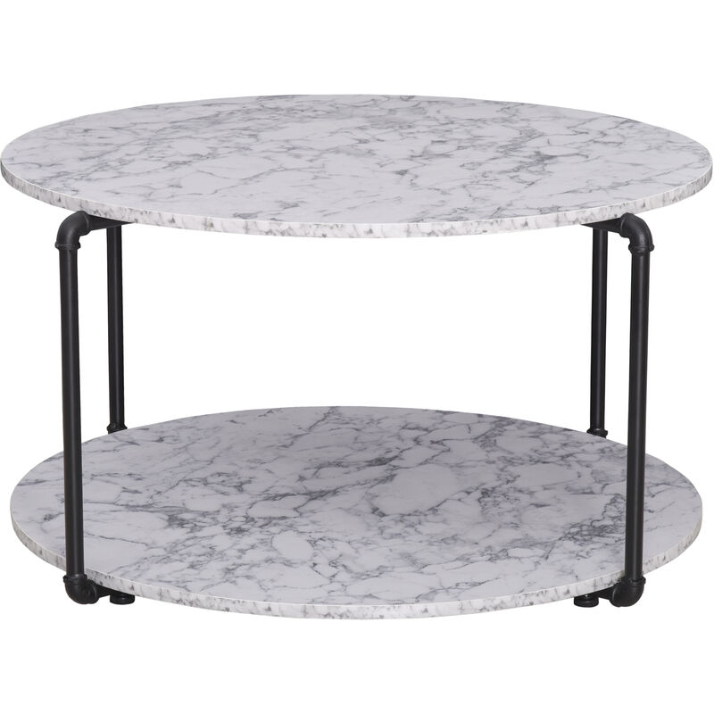 Table basse ronde avec étagère dim. Ø 80 x 45H cm panneaux particules imitation marbre blanc métal noir