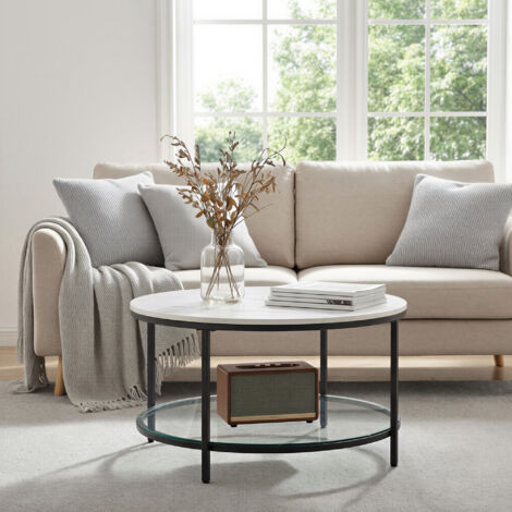 Table basse ronde avec étagère en verre trempé, table de salon, montage facile, style moderne, salon, Blanc et Noir