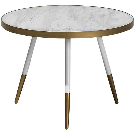 Table Basse Ronde avec Plateau Effet Marbre Blanc en MDF et Cadre en Métal Doré au Style Moderne et Glamour Beliani - Blanc