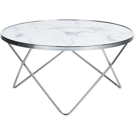 Table Basse Ronde avec Plateau en Verre Imitation Marbre Blanc et Structure en Métal Argenté pour Salon Moderne et Glamour Beliani - Blanc