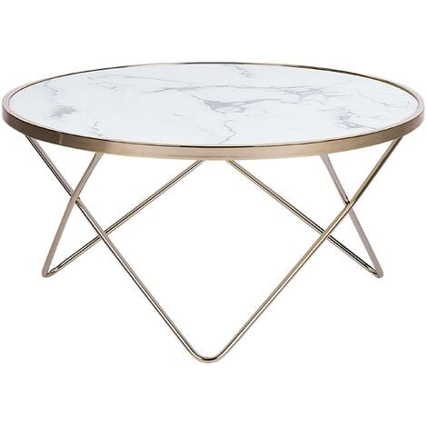 Table Basse Ronde avec Plateau en Verre Imitation Marbre Blanc et Structure en Métal Doré pour Salon Moderne et Glamour Beliani - Blanc