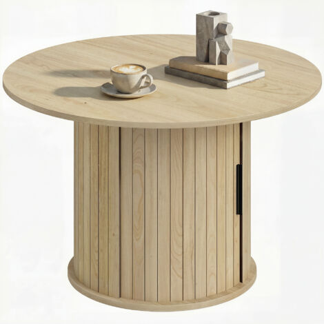 Table basse ronde avec rangement, porte coulissante à lattes, 2 étagères, aspect bois naturel
