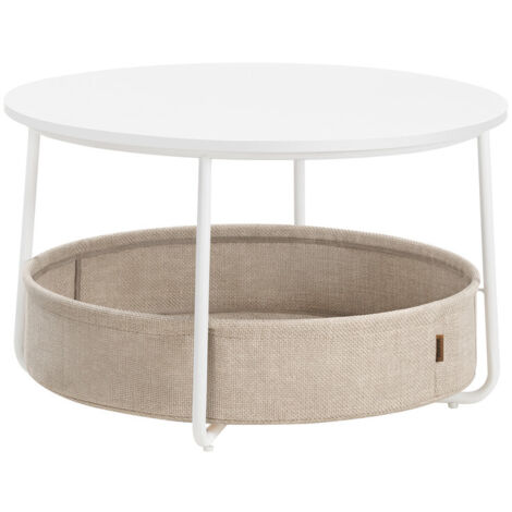 Table Basse Ronde avec Rangement, Table de Salon avec Panier en Tissu, Style Moderne, Cadre en Métal, Blanc Mat et Marron Camel