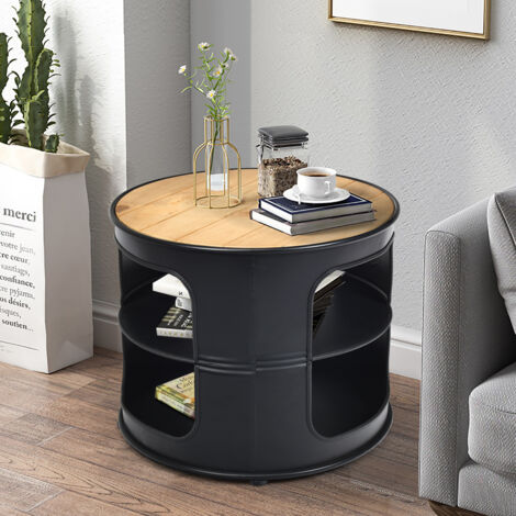 Table Basse Ronde avec Structure en Métal Inclus Etagères de Rangement à 3 Niveaux Style Industriel CW79014